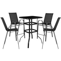 Flash Furniture TLH-073H092H4-B-GG Outdoor Square Glass Bar Table with Black All-Weather Patio Stools, 5 Piece Set