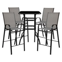 Flash Furniture TLH-073H092H4-GR-GG Outdoor Square Glass Bar Table with Gray All-Weather Patio Stools, 5 Piece Set