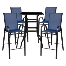 Flash Furniture TLH-073H092H4-NV-GG Outdoor Square Glass Bar Table with Navy All-Weather Patio Stools, 5 Piece Set