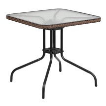 Flash Furniture TLH-073R-DK-BN-GG 28'' Square Tempered Glass Top Patio Table with Dark Brown Rattan Edging