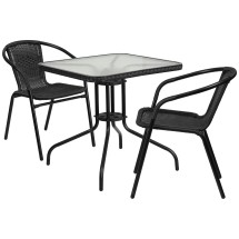 Flash Furniture TLH-073SQ-037BK2-GG 28'' Square Glass Top Patio Table with Black Rattan Edging and 2 Black Rattan Stack Chairs