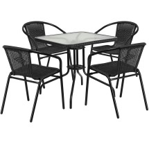 Flash Furniture TLH-073SQ-037BK4-GG 28'' Square Glass Top Patio Table with Black Rattan Edging and 4 Black Rattan Stack Chairs