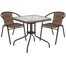 Flash Furniture TLH-073SQ-037BN2-GG 28'' Square Glass Top Patio Table with Dark Brown Rattan Edging and 2 Dark Brown Rattan Stack Chairs