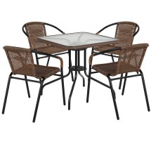 Flash Furniture TLH-073SQ-037BN4-GG 28'' Square Glass Top Patio Table with Dark Brown Rattan Edging and 4 Dark Brown Rattan Stack Chairs