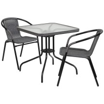 Flash Furniture TLH-073SQ-037GY2-GG 28'' Square Glass Top Patio Table with Gray Rattan Edging and 2 Gray Rattan Stack Chairs