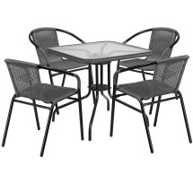 Flash Furniture TLH-073SQ-037GY4-GG 28'' Square Glass Top Patio Table with Gray Rattan Edging and 4 Gray Rattan Stack Chairs
