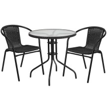 Flash Furniture TLH-087RD-037BK2-GG 28'' Round Glass Top Patio Table with Black Rattan Edging and 2 Stack Chairs, 3 Piece Set
