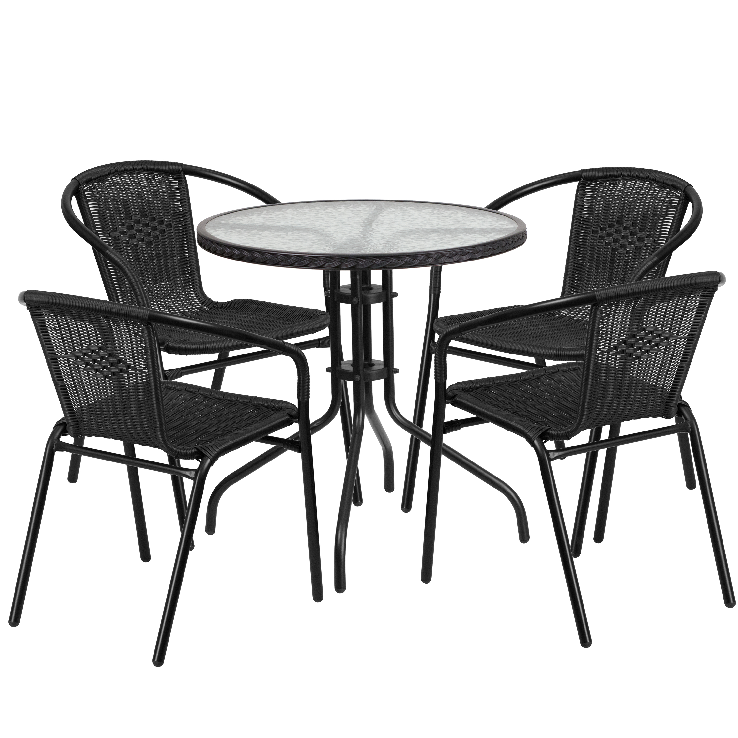 Flash Furniture TLH-087RD-037BK4-GG 28'' Round Glass Top Patio Table with Black Rattan Edging and 4 Stack Chairs, 5 Piece Set