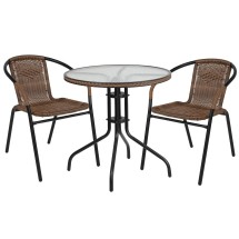 Flash Furniture TLH-087RD-037BN2-GG 28'' Round Glass Top Patio Table with Dark Brown Rattan Edging and 2 Stack Chairs, 3 Piece Set
