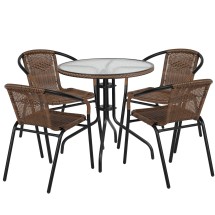 Flash Furniture TLH-087RD-037BN4-GG 28'' Round Glass Top Patio Table with Dark Brown Rattan Edging and 4 Stack Chairs, 5 Piece Set