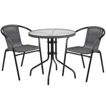 Flash Furniture TLH-087RD-037GY2-GG 28'' Round Glass Top Patio Table with Gray Rattan Edging and 2 Stack Chairs, 3 Piece Set