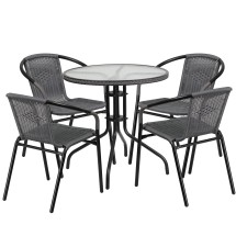 Flash Furniture TLH-087RD-037GY4-GG 28'' Round Glass Top Patio Table with Gray Rattan Edging and 4 Stack Chairs, 5 Piece Set
