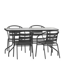 Flash Furniture TLH-089REC-017CBK4-GG 55&quot; Tempered Glass Patio Table with Umbrella Hole, 4 Black Metal Stack Chairs, 5 Piece Set