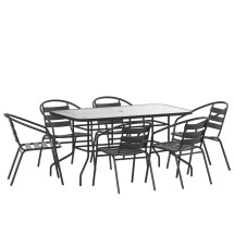 Flash Furniture TLH-089REC-017CBK6-GG 55" Tempered Glass Patio Table with Umbrella Hole, 6 Black Metal Stack Chairs, 7 Piece Set