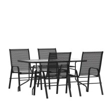 Flash Furniture TLH-089REC-303CBK4-GG 55" Tempered Glass Patio Table with Umbrella Hole, 4 Black Flex Comfort Stack Chairs, 5 Piece Set