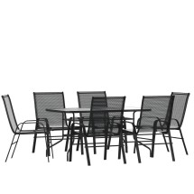 Flash Furniture TLH-089REC-303CBK6-GG 55" Tempered Glass Patio Table with Umbrella Hole, 6 Black Flex Comfort Stack Chairs, 7 Piece Set