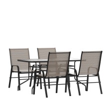 Flash Furniture TLH-089REC-303CBN4-GG 55" Tempered Glass Patio Table with Umbrella Hole, 4 Brown Flex Comfort Stack Chairs, 5 Piece Set
