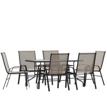 Flash Furniture TLH-089REC-303CBN6-GG 55" Tempered Glass Patio Table with Umbrella Hole, 6 Brown Flex Comfort Stack Chairs, 7 Piece Set