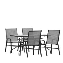 Flash Furniture TLH-089REC-303CGY4-GG 55" Tempered Glass Patio Table with Umbrella Hole, 4 Gray Flex Comfort Stack Chairs, 5 Piece Set