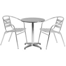 Flash Furniture TLH-ALUM-24RD-017BCHR2-GG Indoor/Outdoor 23.5'' Round Aluminum Table with 2 Slat Back Chairs, 3 Piece Set