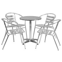 Flash Furniture TLH-ALUM-24RD-017BCHR4-GG Indoor/Outdoor 23.5'' Round Aluminum Table with 4 Slat Back Chairs, 5 Piece Set