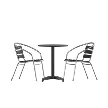 Flash Furniture TLH-ALUM-24RD-017BK2-GG Indoor/Outdoor 23.5'' Black Round Aluminum Table with 2 Black Slat Back Chairs, 3 Piece Set
