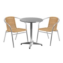 Flash Furniture TLH-ALUM-24RD-020BGECHR2-GG Indoor/Outdoor 23.5'' Round Aluminum Table with 2 Beige Rattan Chairs, 3 Piece Set