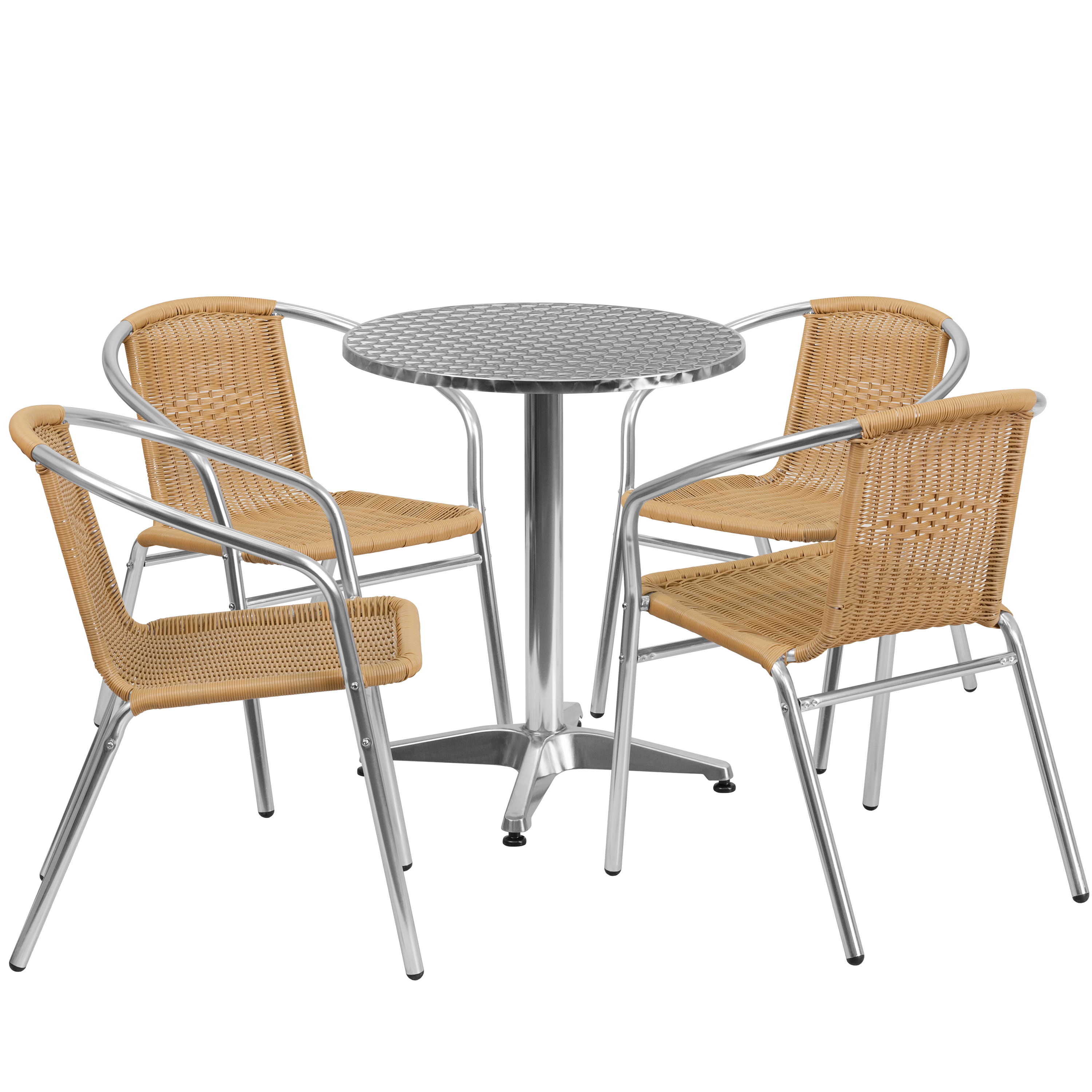 Flash Furniture TLH-ALUM-24RD-020BGECHR4-GG Indoor/Outdoor 23.5'' Round Aluminum Table with 4 Beige Rattan Chairs, 5 Piece Set