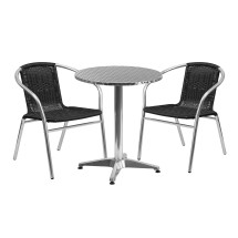 Flash Furniture TLH-ALUM-24RD-020BKCHR2-GG Indoor/Outdoor 23.5'' Round Aluminum Table with 2 Black Rattan Chairs, 3 Piece Set