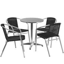 Flash Furniture TLH-ALUM-24RD-020BKCHR4-GG Indoor/Outdoor 23.5'' Round Aluminum Table with 4 Black Rattan Chairs, 5 Piece Set