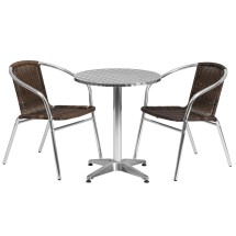 Flash Furniture TLH-ALUM-24RD-020CHR2-GG Indoor/Outdoor 23.5'' Round Aluminum Table with 2 Dark Brown Rattan Chairs, 3 Piece Set