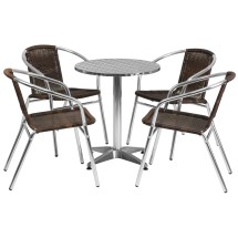 Flash Furniture TLH-ALUM-24RD-020CHR4-GG Indoor/Outdoor 23.5'' Round Aluminum Table with 4 Dark Brown Rattan Chairs, 5 Piece Set