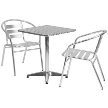 Flash Furniture TLH-ALUM-24SQ-017BCHR2-GG Indoor/Outdoor 23.5'' Square Aluminum Table with 2 Slat Back Chairs, 3 Piece Set