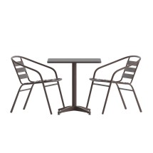 Flash Furniture TLH-ALUM-24SQ-017BZ2-GG Indoor/Outdoor 23.5'' Bronze Square Aluminum Table with 2 Bronze Slat Back Chairs, 3 Piece Set