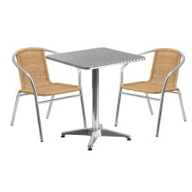 Flash Furniture TLH-ALUM-24SQ-020BGECHR2-GG Indoor/Outdoor 23.5'' Square Aluminum Table with 2 Beige Rattan Chairs, 3 Piece Set