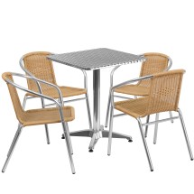 Flash Furniture TLH-ALUM-24SQ-020BGECHR4-GG Indoor/Outdoor 23.5'' Square Aluminum Table with 4 Beige Rattan Chairs, 5 Piece Set