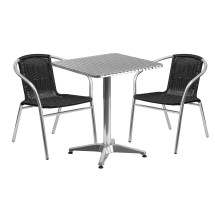 Flash Furniture TLH-ALUM-24SQ-020BKCHR2-GG Indoor/Outdoor 23.5'' Square Aluminum Table with 2 Black Rattan Chairs, 3 Piece Set
