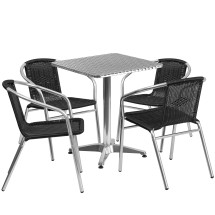 Flash Furniture TLH-ALUM-24SQ-020BKCHR4-GG Indoor/Outdoor 23.5'' Square Aluminum Table with 4 Black Rattan Chairs, 5 Piece Set
