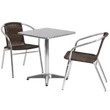 Flash Furniture TLH-ALUM-24SQ-020CHR2-GG Indoor/Outdoor 23.5'' Square Aluminum Table with 2 Dark Brown Rattan Chairs, 3 Piece Set