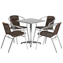 Flash Furniture TLH-ALUM-24SQ-020CHR4-GG Indoor/Outdoor 23.5'' Square Aluminum Table with 4 Dark Brown Rattan Chairs, 5 Piece Set