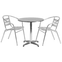 Flash Furniture TLH-ALUM-28RD-017BCHR2-GG Indoor/Outdoor 27.5'' Round Aluminum with 2 Slat Back Chairs, 3 Piece Set