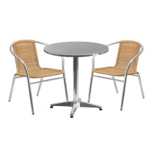 Flash Furniture TLH-ALUM-28RD-020BGECHR2-GG Indoor/Outdoor 27.5'' Round Aluminum with 2 Beige Rattan Chairs, 3 Piece Set
