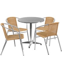 Flash Furniture TLH-ALUM-28RD-020BGECHR4-GG Indoor/Outdoor 27.5'' Round Aluminum with 4 Beige Rattan Chairs, 5 Piece Set