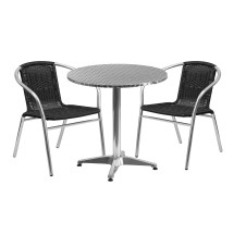 Flash Furniture TLH-ALUM-28RD-020BKCHR2-GG Indoor/Outdoor 27.5'' Round Aluminum with 2 Black Rattan Chairs, 3 Piece Set