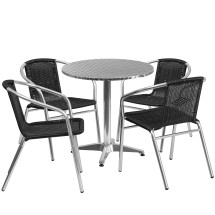 Flash Furniture TLH-ALUM-28RD-020BKCHR4-GG Indoor/Outdoor 27.5'' Round Aluminum with 4 Black Rattan Chairs, 5 Piece Set