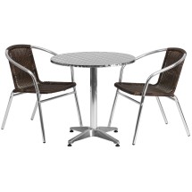 Flash Furniture TLH-ALUM-28RD-020CHR2-GG Indoor/Outdoor 27.5'' Round Aluminum with 2 Dark Brown Rattan Chairs, 3 Piece Set