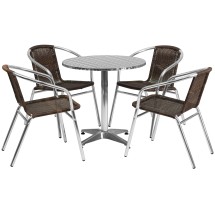 Flash Furniture TLH-ALUM-28RD-020CHR4-GG Indoor/Outdoor 27.5'' Round Aluminum with 4 Dark Brown Rattan Chairs, 5 Piece Set