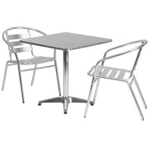 Flash Furniture TLH-ALUM-28SQ-017BCHR2-GG Indoor/Outdoor 27.5'' Square Aluminum Table with 2 Slat Back Chairs, 3 Piece Set