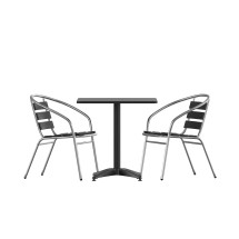 Flash Furniture TLH-ALUM-28SQ-017BK2-GG Indoor/Outdoor 27.5'' Black Square Aluminum Table with 2 Black Slat Back Chairs, 3 Piece Set