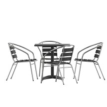 Flash Furniture TLH-ALUM-28SQ-017BK4-GG Indoor/Outdoor 27.5'' Black Square Aluminum Table with 4 Black Slat Back Chairs, 5 Piece Set